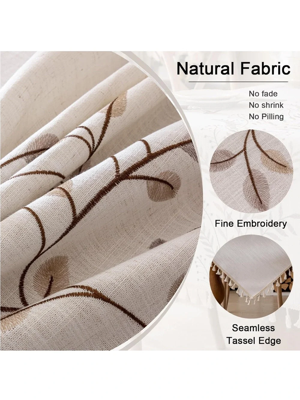 NEW Rectangle Linen, Farmhouse Embroidery Leaves Tablecloth with Tassels